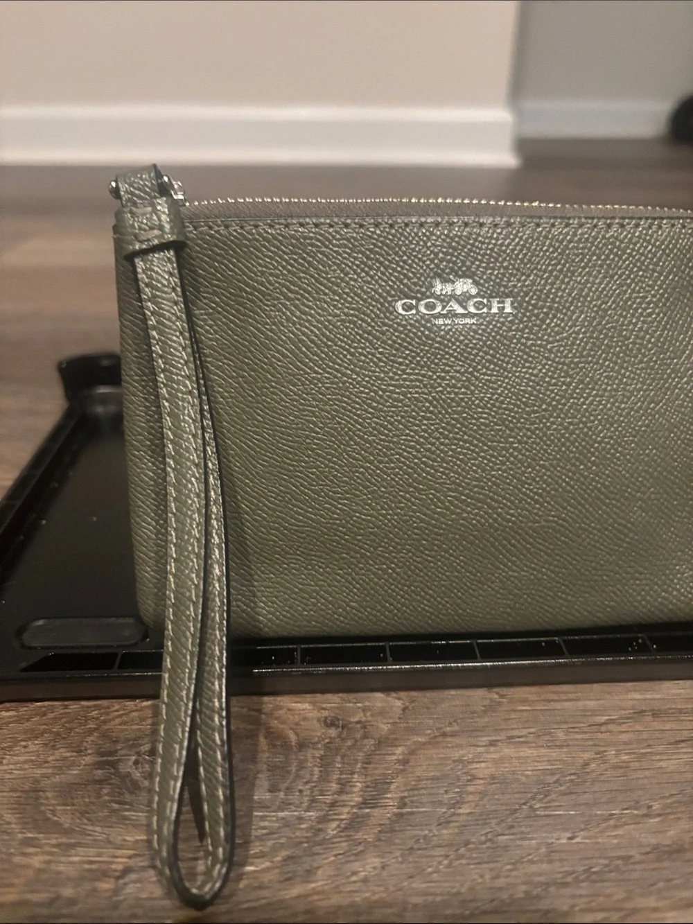 Coach Olive Green Pebbled Leather Wristlet with Silver Logo